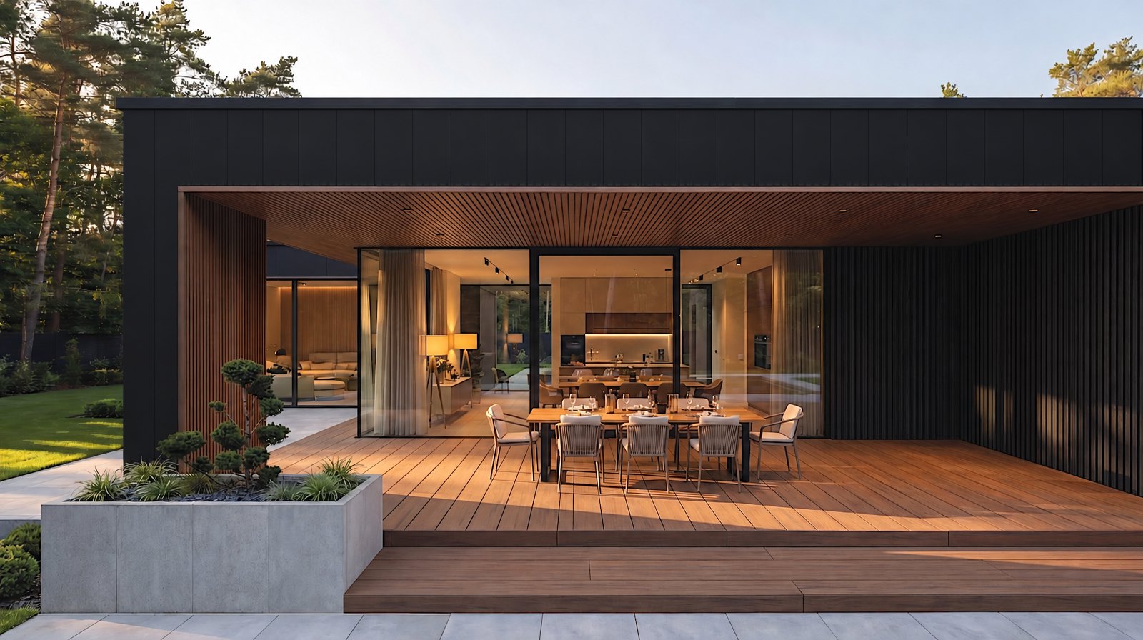 Pavillon mit Legro Rhombus Fassadenverkleidung und Holzfaser-Terrasse